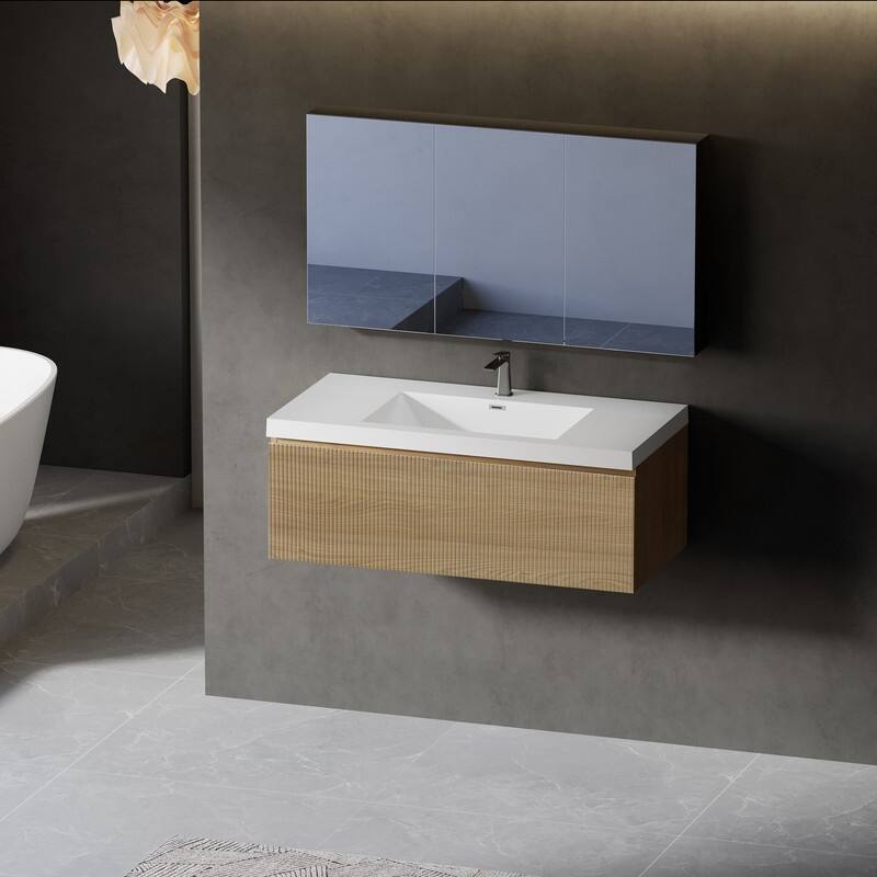 ABRUZZO Floating Vanity with Integrated Top Sink Soft-Close Wall-Mount Bathroom Cabinet - 42" - Natural Oak