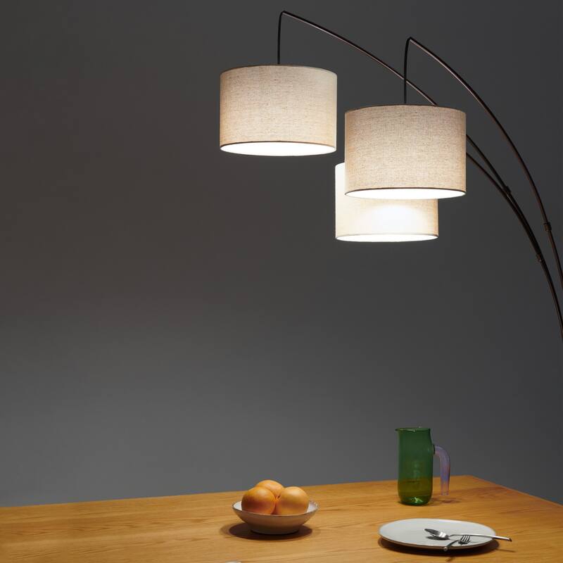 Brightech Trilage 84 in. Oil Brushed Bronze Mid-Century Modern 3-Light Adjustable LED Floor Lamp with 3 Beige Fabric Drum Shades
