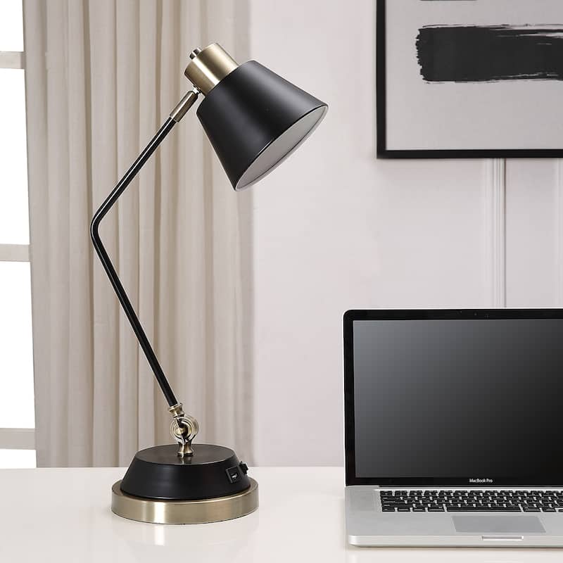 Porch & Den Black and Antique Brass Angled Pivoting Desk Lamp