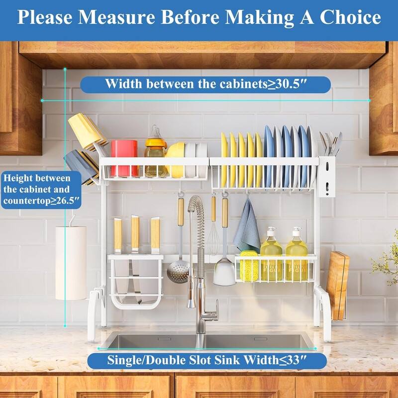 Adjustable double-layer metal steel dish drying rack above the sink, with hooks, paper towel holder, and dish cup holder.