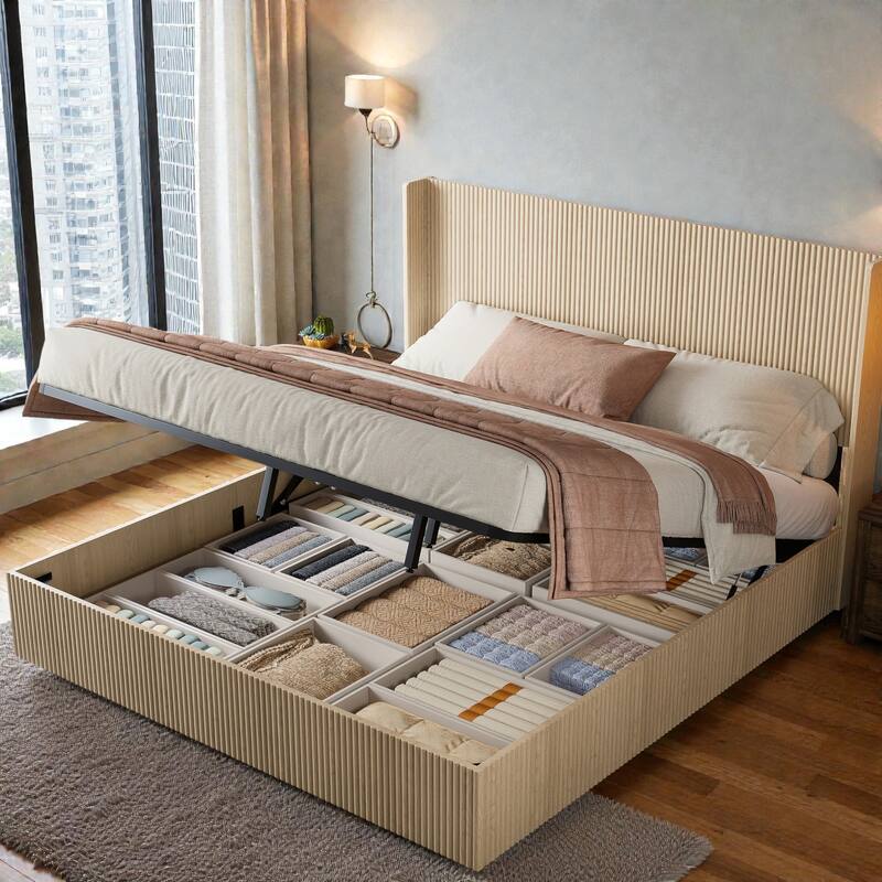 Wood Lift Storage Platform Bed with Raised Headboard, Gas Lift Design, No Box Spring Needed, Queen King