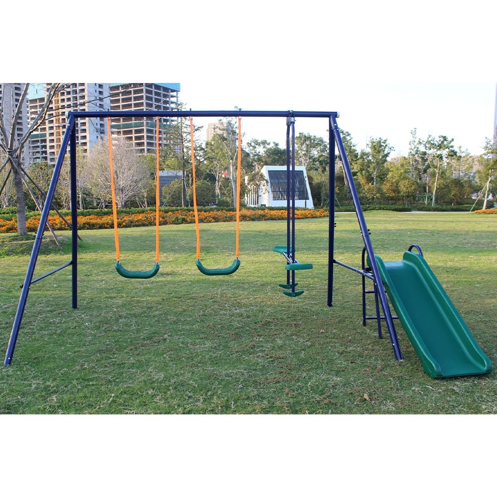 4-in-1 Outdoor Kids Swing Sets w/2 Swings, 1 Glider and 1 Slide