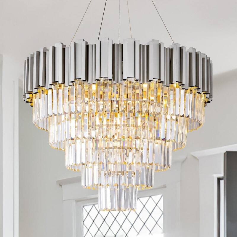 KAYLA Large Crystal Chandelier - 35.4"Modern 6-Tier 17-Light Chrome Ceiling Light, Luxury K9 Crystal - 27.5in - Sliver