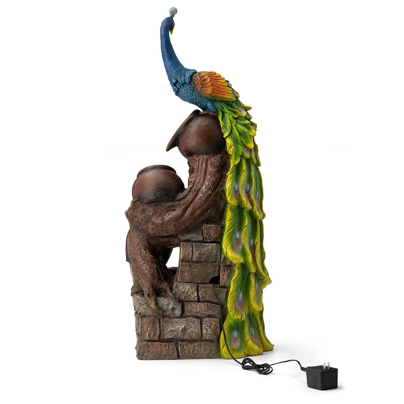 Glitzhome 40"H Oversized 4-Tier Peacock Jars Polyresin LED Lighted Outdoor Floor Fountain