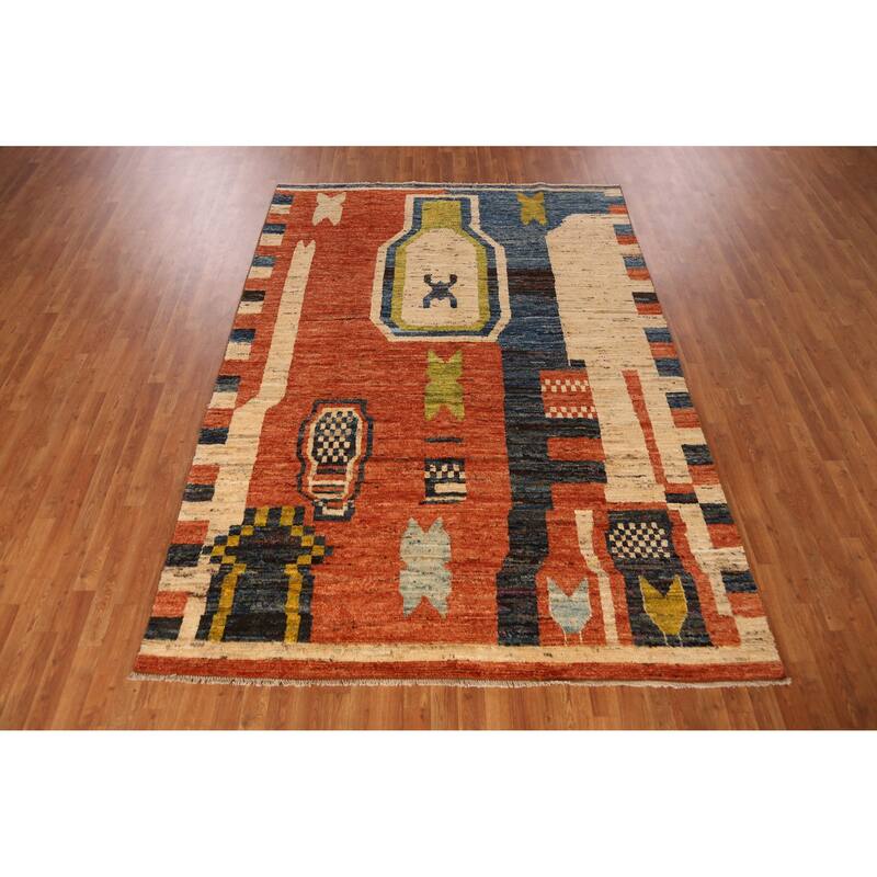 Orange Moroccan Oriental Area Rug Hand-Knotted Bedroom Wool Carpet - 6'10" x 9'7"