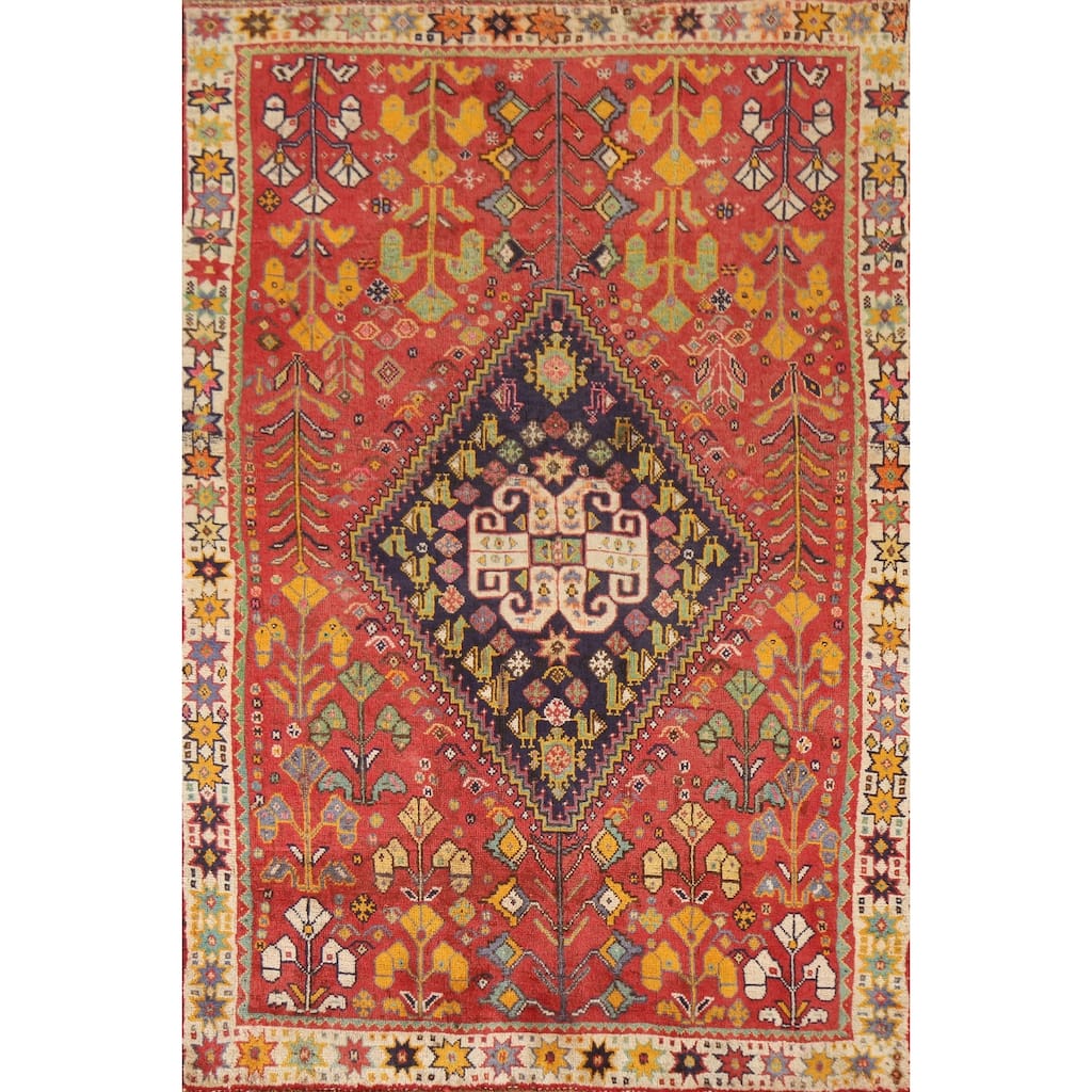 Shiraz Persian Vintage Area Rug Handmade Coral Wool Carpet - 4'2"x 6'3"