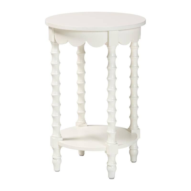 Sally Round Nightstand with Bamboo Inspired Legs - Scalloped Bedroom Side Table with Open Shelf - White