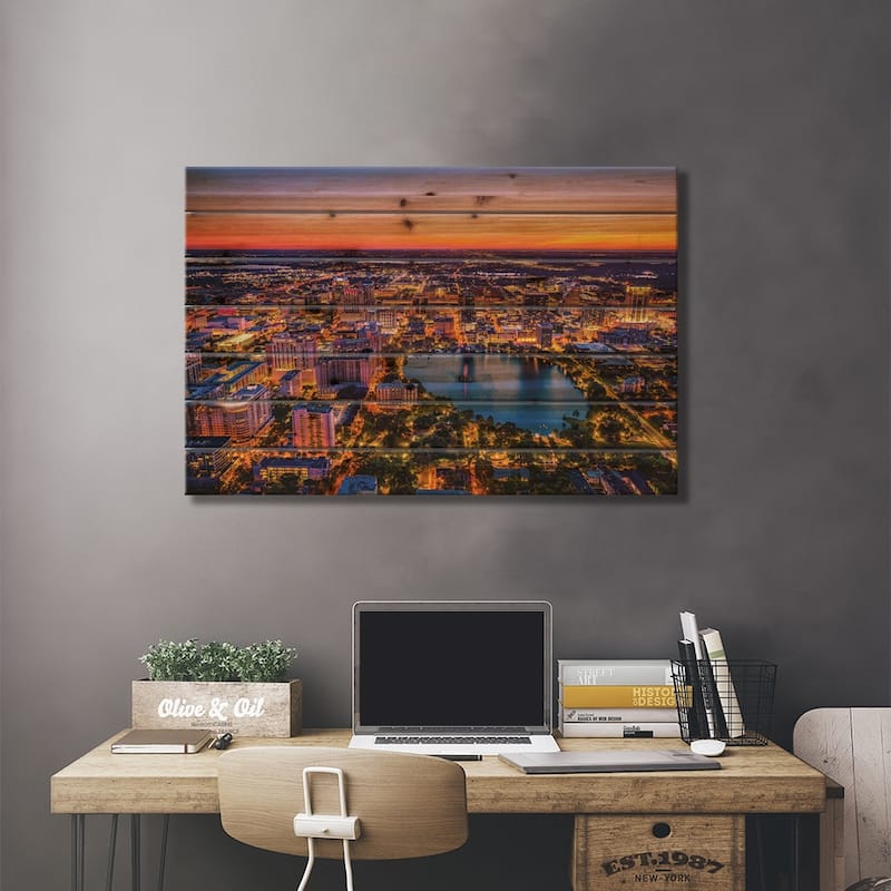 Florida Orlando Downtwon Sunset Lake Eola From Above Print On Wood by Alex G Perez - Multi-Color