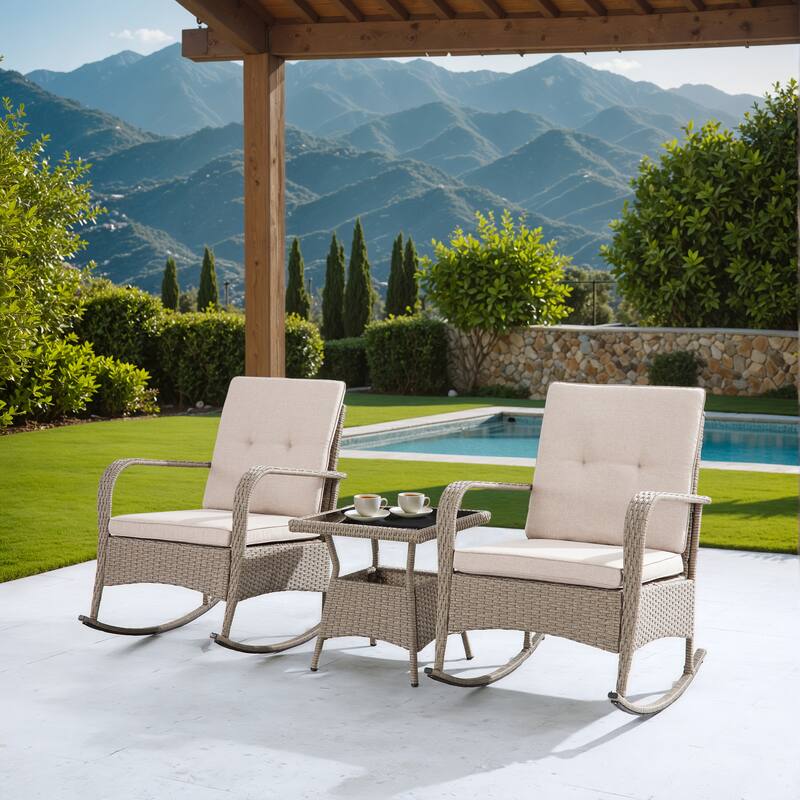 Corvus Hawaii 3-Piece Outdoor Wicker Rocking Chair Set with Side Table