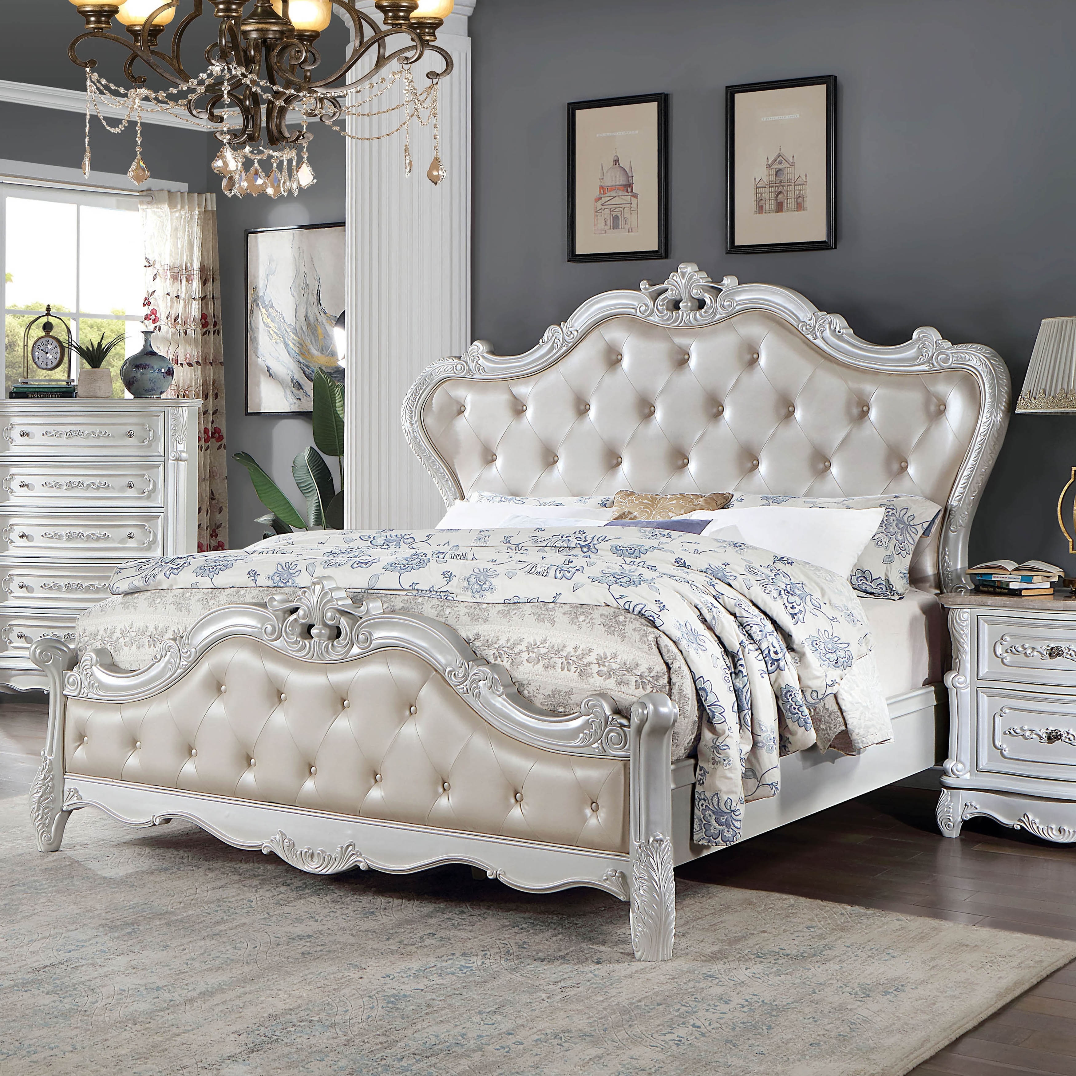 Bednara Victorian White Wood 3 Piece Upholstered Tufted Panel