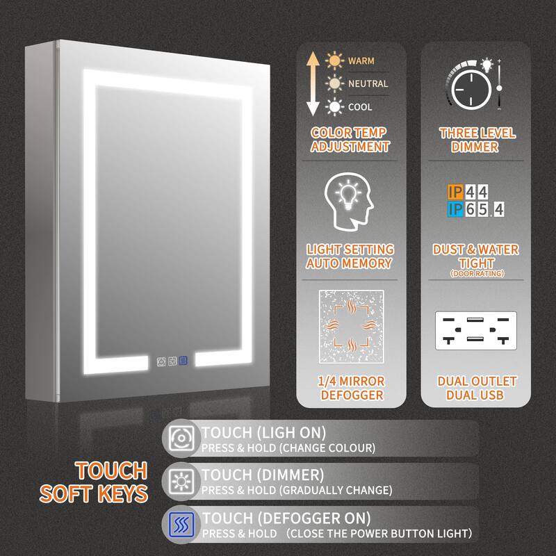 ExBrite 24" x 30" LED Lighted Bathroom Medicine Cabinet with Mirror,Recessed or Surface Mount,Defog