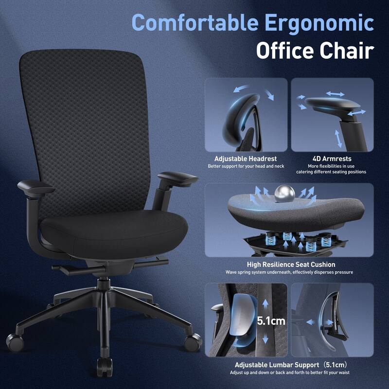 Ergonomic Office Chair, 4D Armrests, Seat Depth, Memory Foam, 300lbs, AirMesh Back