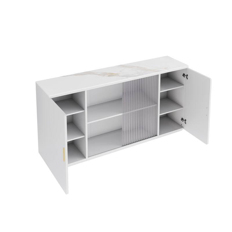 Wooden Sideboard Cabinet Buffet Cabinet with Glass Doors and Granite Top, Storage Cabinet with Dust-Free Display