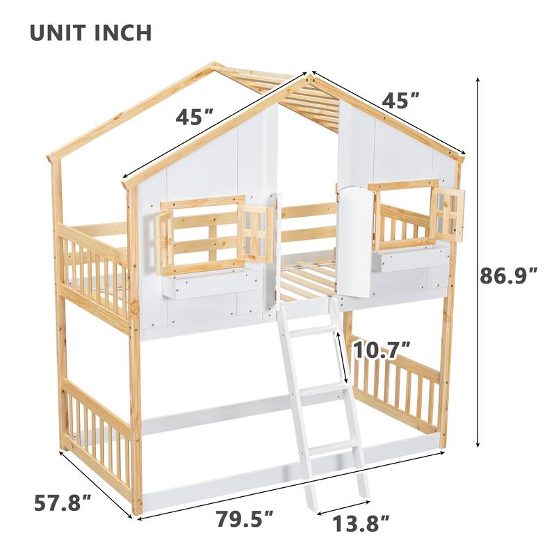 Roomfitters Twin Over Twin House Bunk Bed with Roof, Window Box, Door, Safety Guardrails and Ladder
