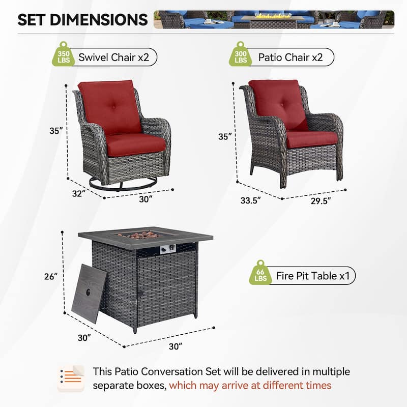 Fire Pit Table with 2 Swivel Chairs 2 Patio Chairs Grey-Red - Grey