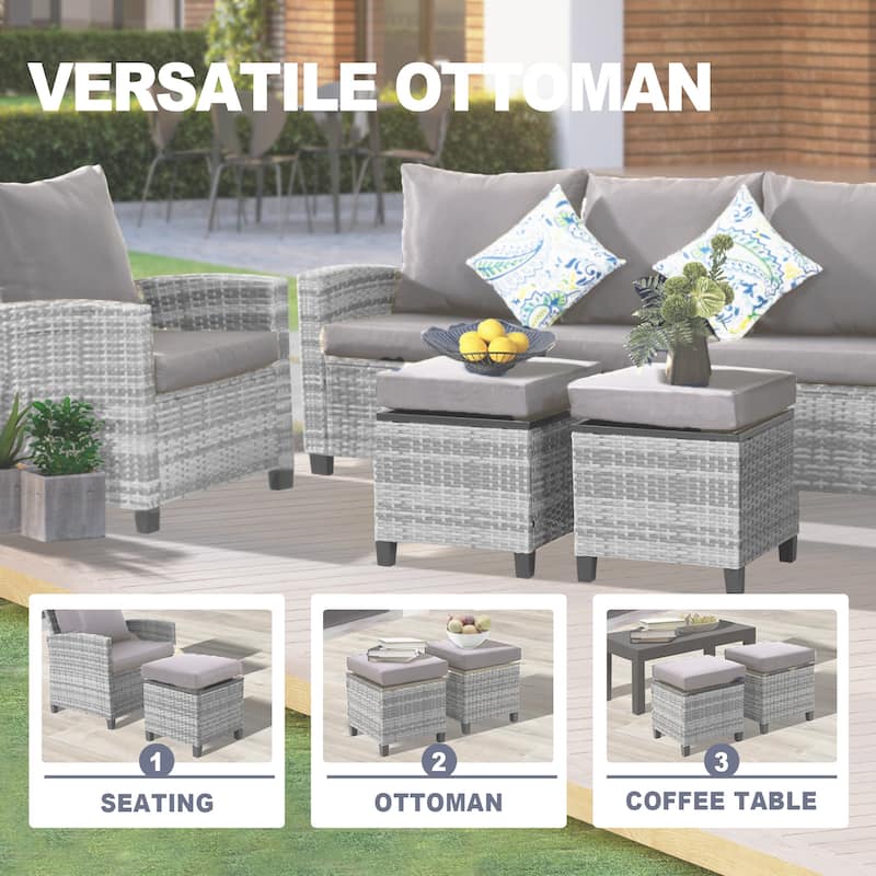 6pcs Wicker Patio Conversation Set Seating Loveseat Sofa with Ottomans