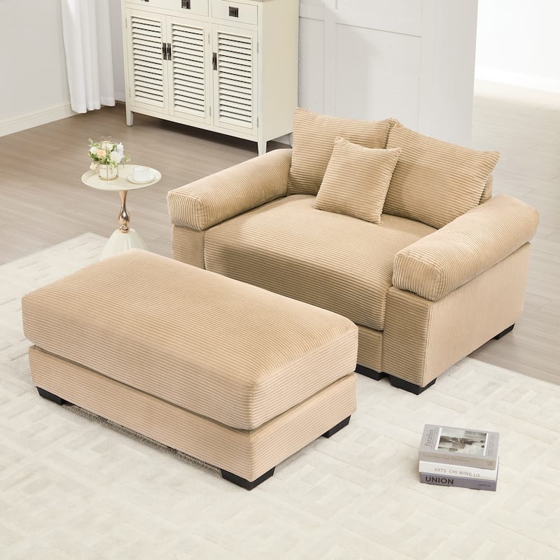 Oversized Accent Armchair with Ottoman, Modern Upholstered Single Sofa Chair, Corduroy Reading Chairs for Bedroom, Living Room
