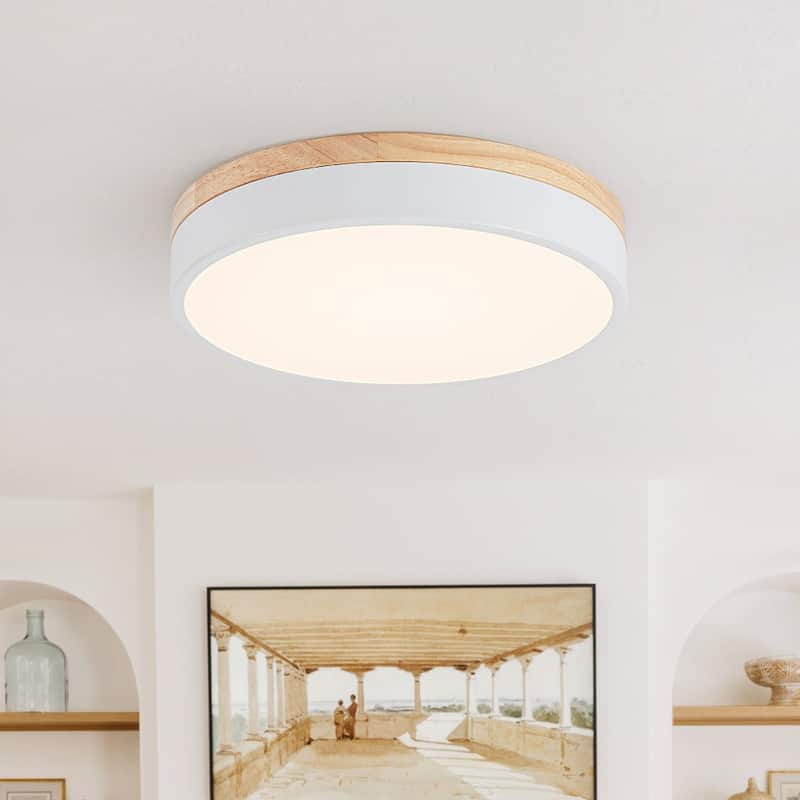 Scandinavian Wooden Accent Round Dimmable LED Flush Mount Light