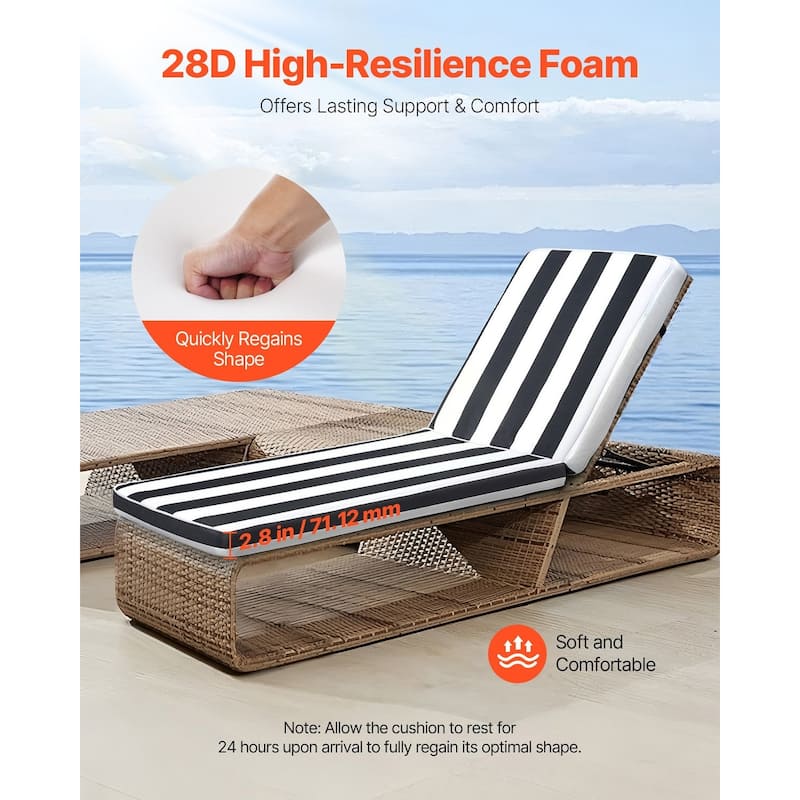Set of 2 Black, White Stripes Patio Chair Cushion Set with High-Density Foam and Anti-Slip Ties - 74.37” x 22.08” x 2.79”
