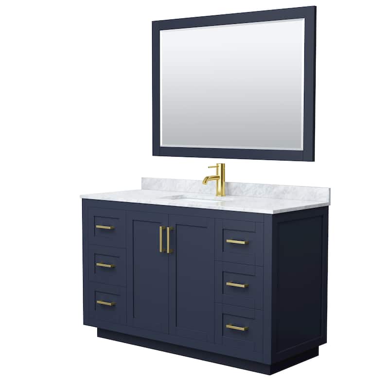 Miranda Single Vanity Set, White Carrara Marble Top, 46-Inch Mirror - 54-Inch Single - Dark Blue, Gold Trim, White Carrara Marble Top