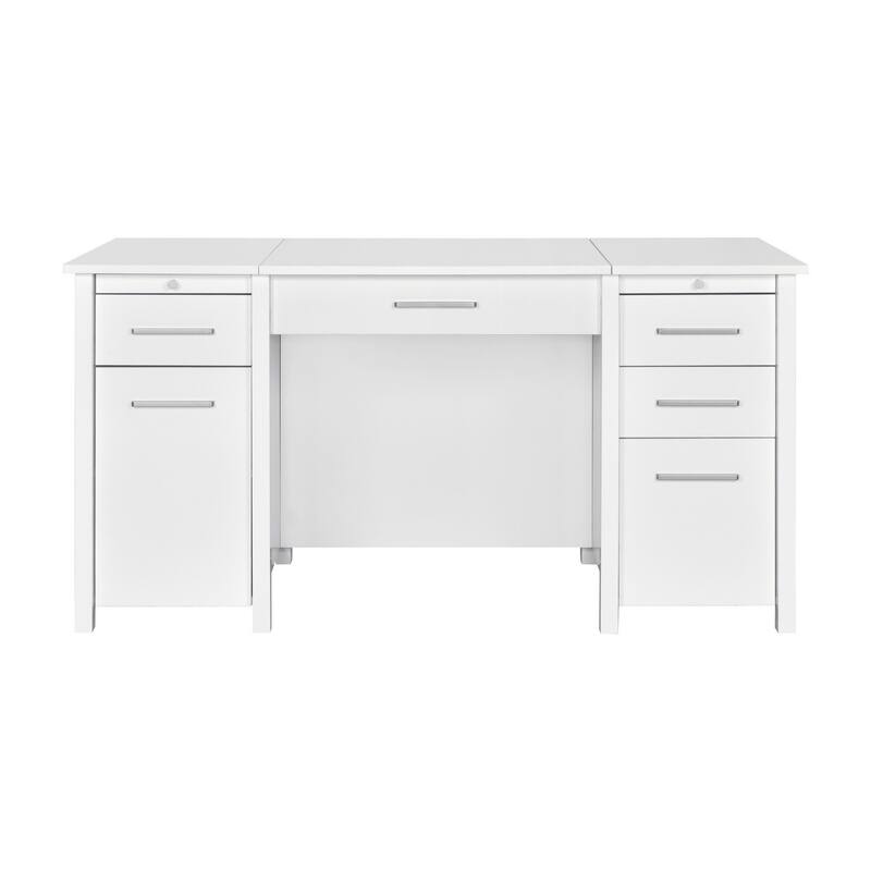 Wim 60 Inch Lift Top Office Desk, 4 Drawers, 2 Pull Out Trays, Glossy White