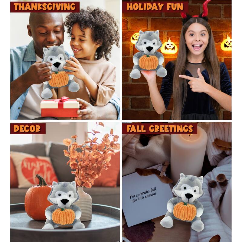 DolliBu Super Soft Wolf Stuffed Animal with Pumpkin Decor Plush - 6 inches