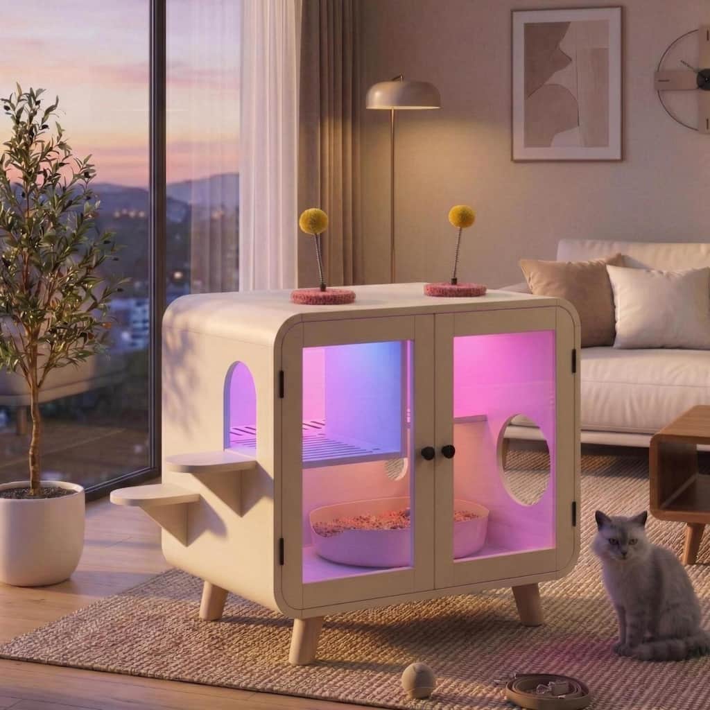 Roomfitters Retro TV-Style Hidden Cat Litter Box Enclosure with App Controlled RGB LED Lights and Stairs