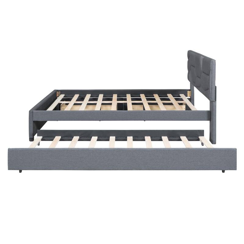 Queen Platform Bed with Twin XL Trundle and 2 Storage Drawers, Linen Upholstered Storage Bed Frame with Brick Pattern Headboard