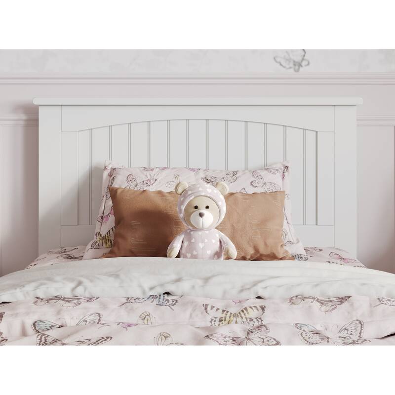 Twin Platform Bed with Trundle - White Wood Bed Frame & Panel Headboard - Space Saving Design