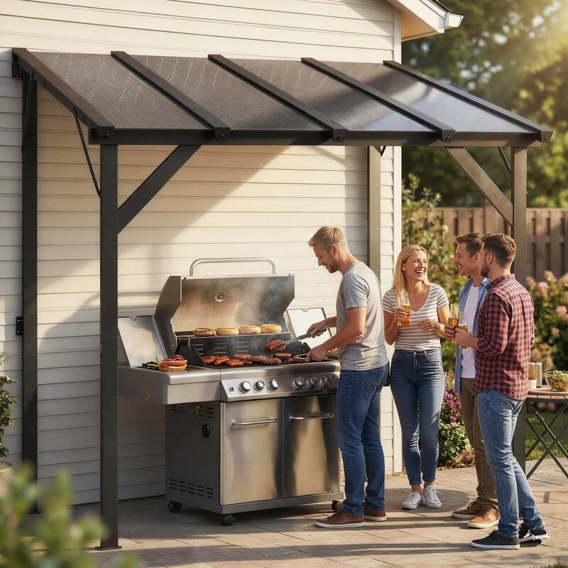 Outsunny 8' x 5' Hardtop Grill Gazebo, Lean-to BBQ Gazebo Shelter, Wall-Mounted Pergola with Polycarbonate Roof and Steel Frame