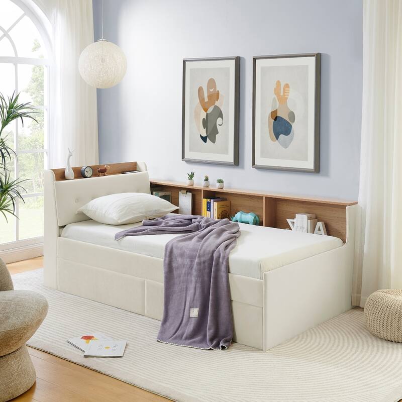 Twin Size Velvet Upholstered Daybed with Storage Headboard, LED and Wireless Charging - Optional Trundle Bed or Storage Drawers