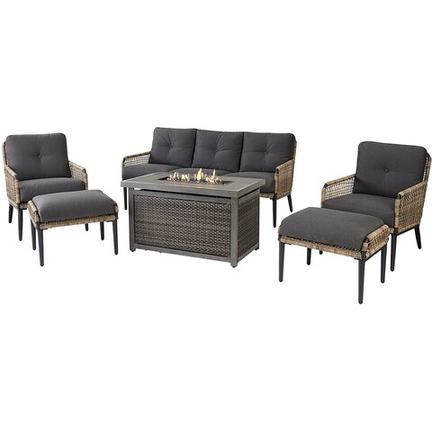 Hanover Sedona 6-Piece Fire Pit Set with Sofa, 2 Side Chairs, 2 Ottomans and 30,000 BTU Gas Fire Pit Table