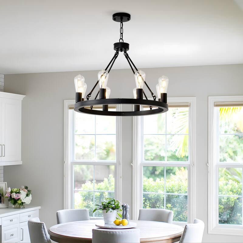 Farmhouse Style Small Round Ceiling Light 8-Lamp Wagon Wheel Chandelier, for Kitchen Island, Dining Room and Living Room