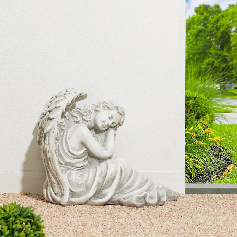 Glitzhome 18"L x 15"H MgO Sleeping Angel Garden Statue Coastal Sculpture