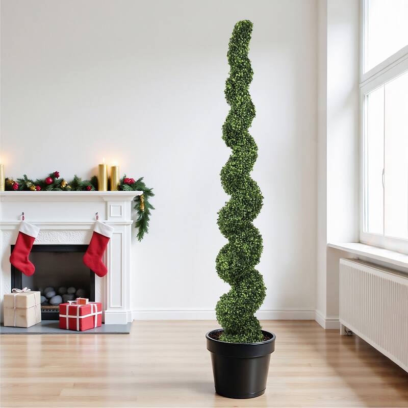 7FT Spiral Topiary Trees Artificial Faux Boxwood Plants Large Twisted Green Potted Trees with Light Green Leaves,1pc/set