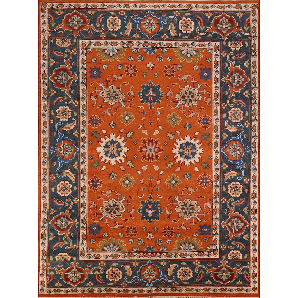 Orange Floral Oushak Indian Area Rug Hand-Knotted Wool Carpet - 7'11" x 9'11"