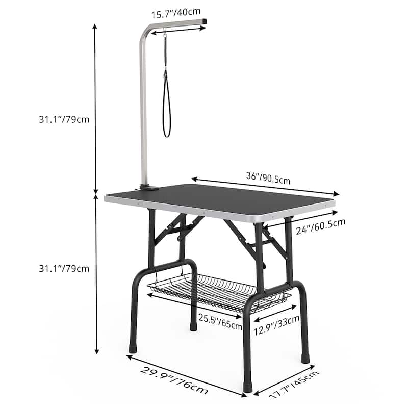 36" Foldable Dog Grooming Table with Adjustable Arm, Non-Slip Desktop, Storage Tray& Noose, Black - Black