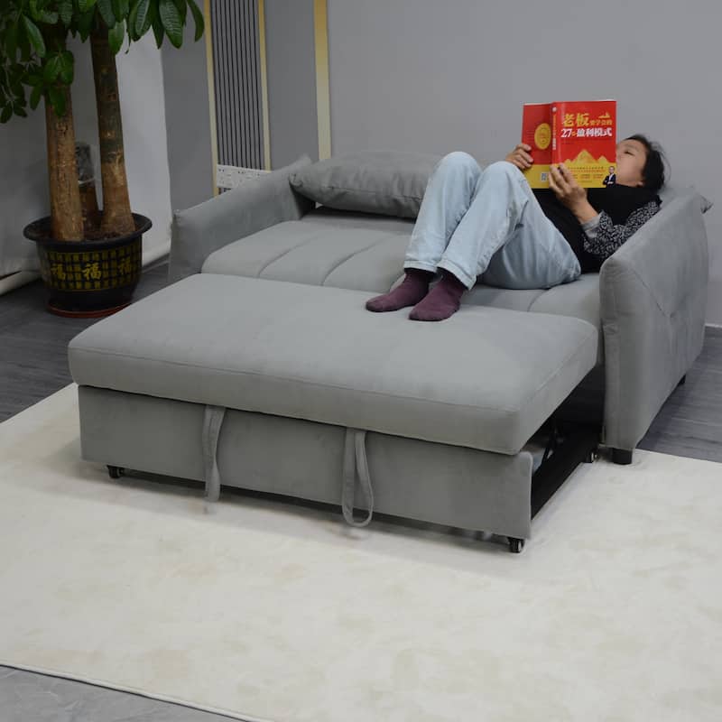 Convertible Sleeper Loveseat Sofa Bed, Adjustable Back, Velvet Fabric, Light Gray