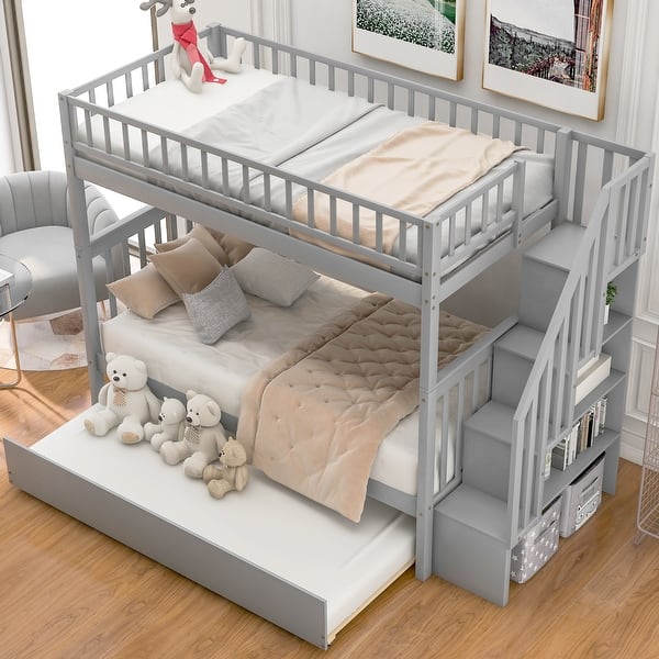 slide 2 of 25, Twin Over Twin Bunk Bed with Trundle and Storage Shelves, Space-Saving Design Gray