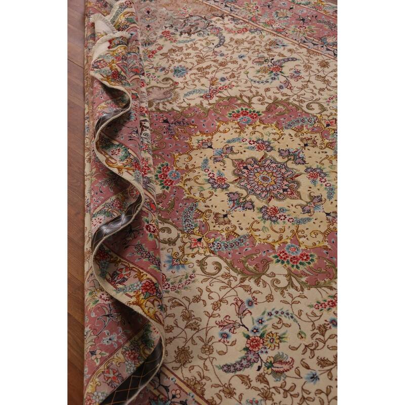 Hand Knotted Oriental Wool & Silk Carpet Traditional Floral Beige & Ivories Tabriz Area Rug - 10' 4'' X 6' 6''