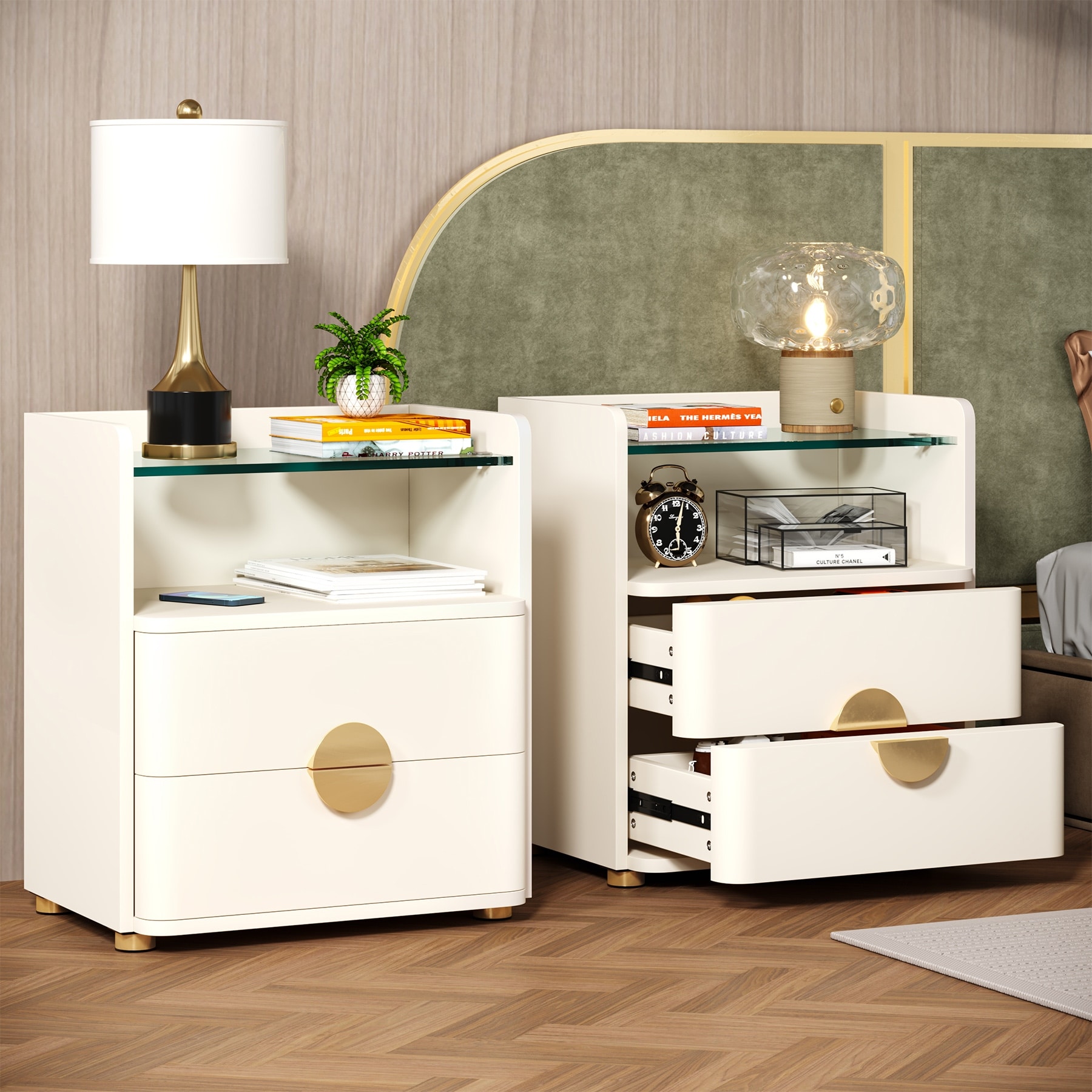 2-Drawer Nightstands with Open Storage Space, Bed Side Table for Bedroom End Table