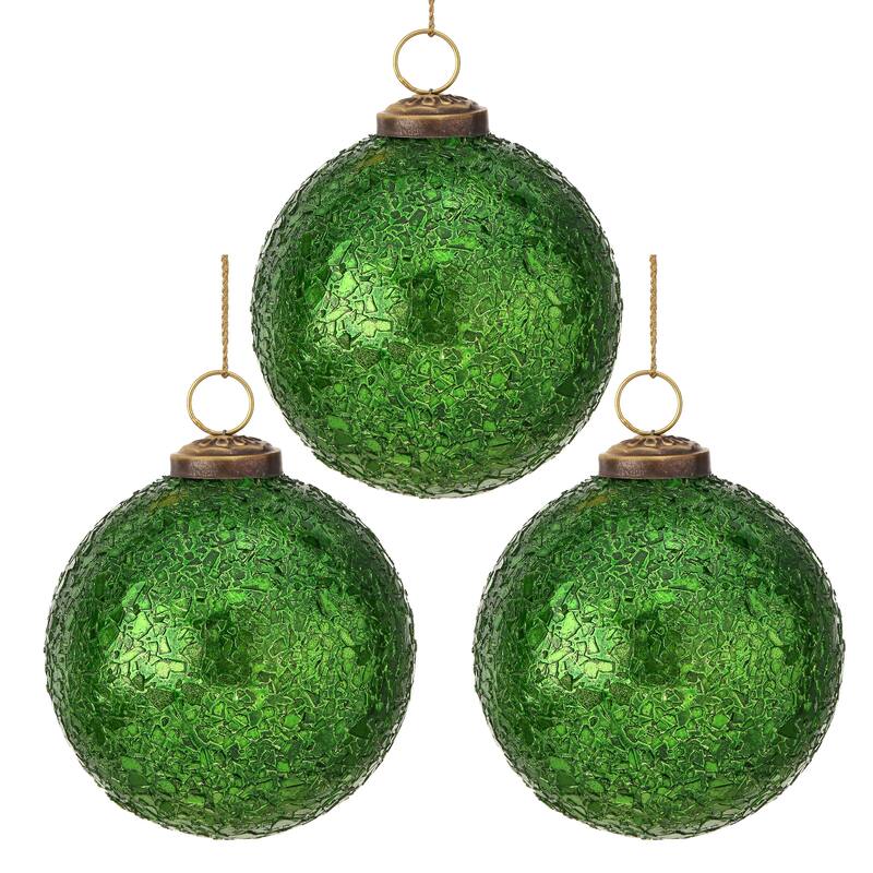 4" Metallic Crackle Glass Ball Ornament Set of 3