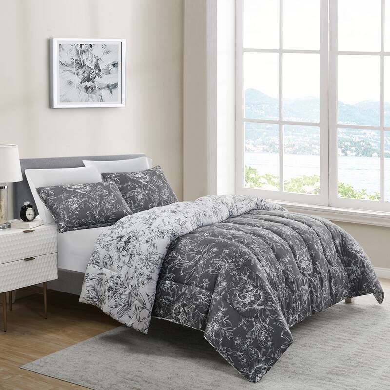 Wonderful Sophia 5-Piece Floral Pattern Comforter Set - 21054 Black & White/7 Piece - King