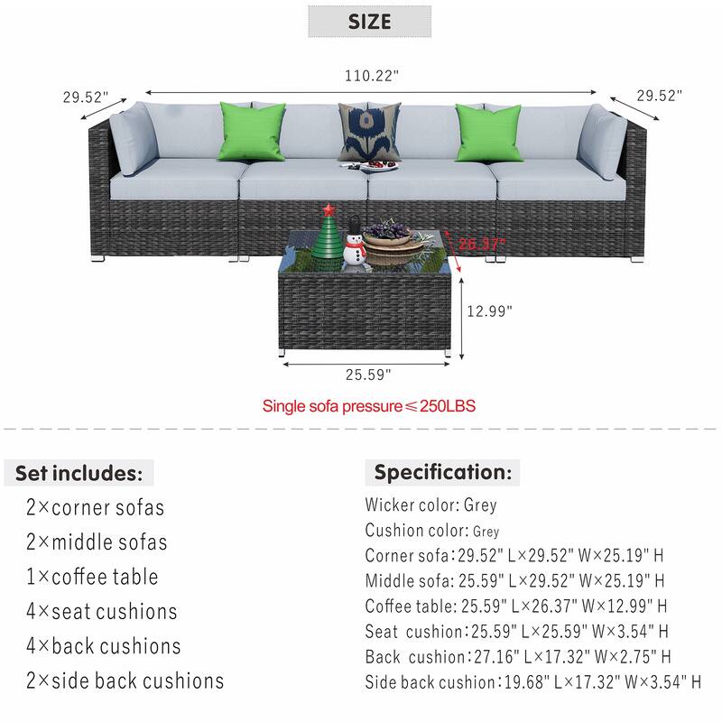 OVIOS Deep Seat Wicker 5-piece Sectional Set