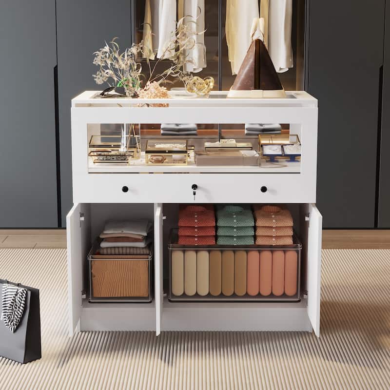 Jewelry and Display Cabinet with Glass Top and Secure Storage Dresser