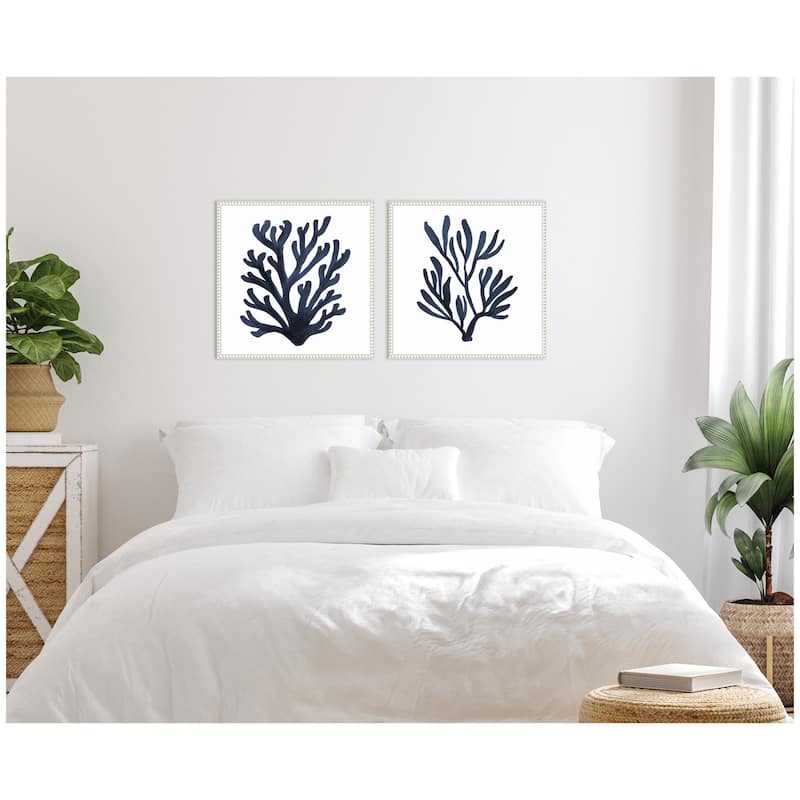 Kate and Laurel Sylvie Beaded Coastal Coral Seaweed Botanical 5 and 7 Framed Canvas Art Set by The Creative Bunch Studio
