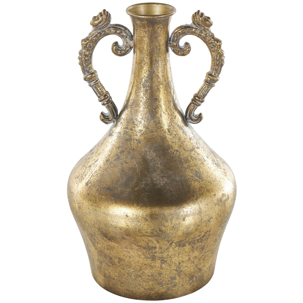 Metal Weathered Vintage Amphora Decorative Vase with Ornate Scroll Handles - Gold - Roche River Decor