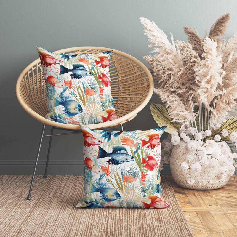 Fish paradise Faux Suede Reversible Throw Pillow Blue and Red