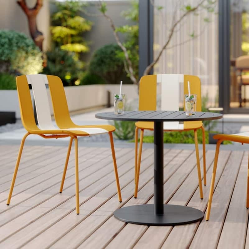 Malwee 4 PCS Indoor/Outdoor PP Plastic Chairs, Modern Striped Color Seat with Sturdy Metal Legs - for Living Room, Café, Terrace - Orange and Beige