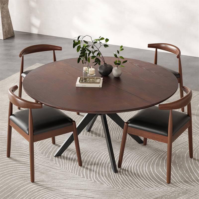 47.2" Solid Wood Round Dining Kitchen Table for 4-6 People - Black + Dark Walnut